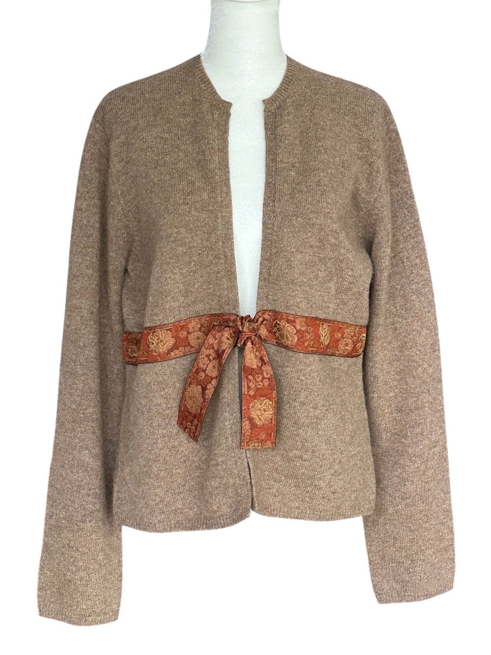 Sleeping on Snow Anthropologie Lambswool Cardigan Brown Floral Ribbon Tie XL